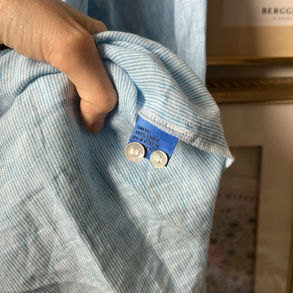 J. McLaughlin 100% Linen Quarter Button Up Blouse Top Blue Large - Picture 8 of 11